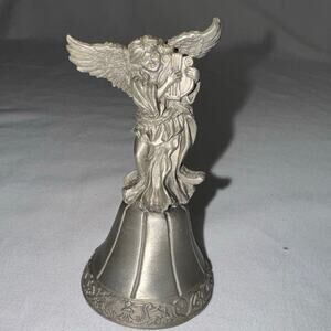 VTG Fort USA Bell w/Guardian Angel Playing Lyre Bell Solid Pewter 3 1/2" Tall